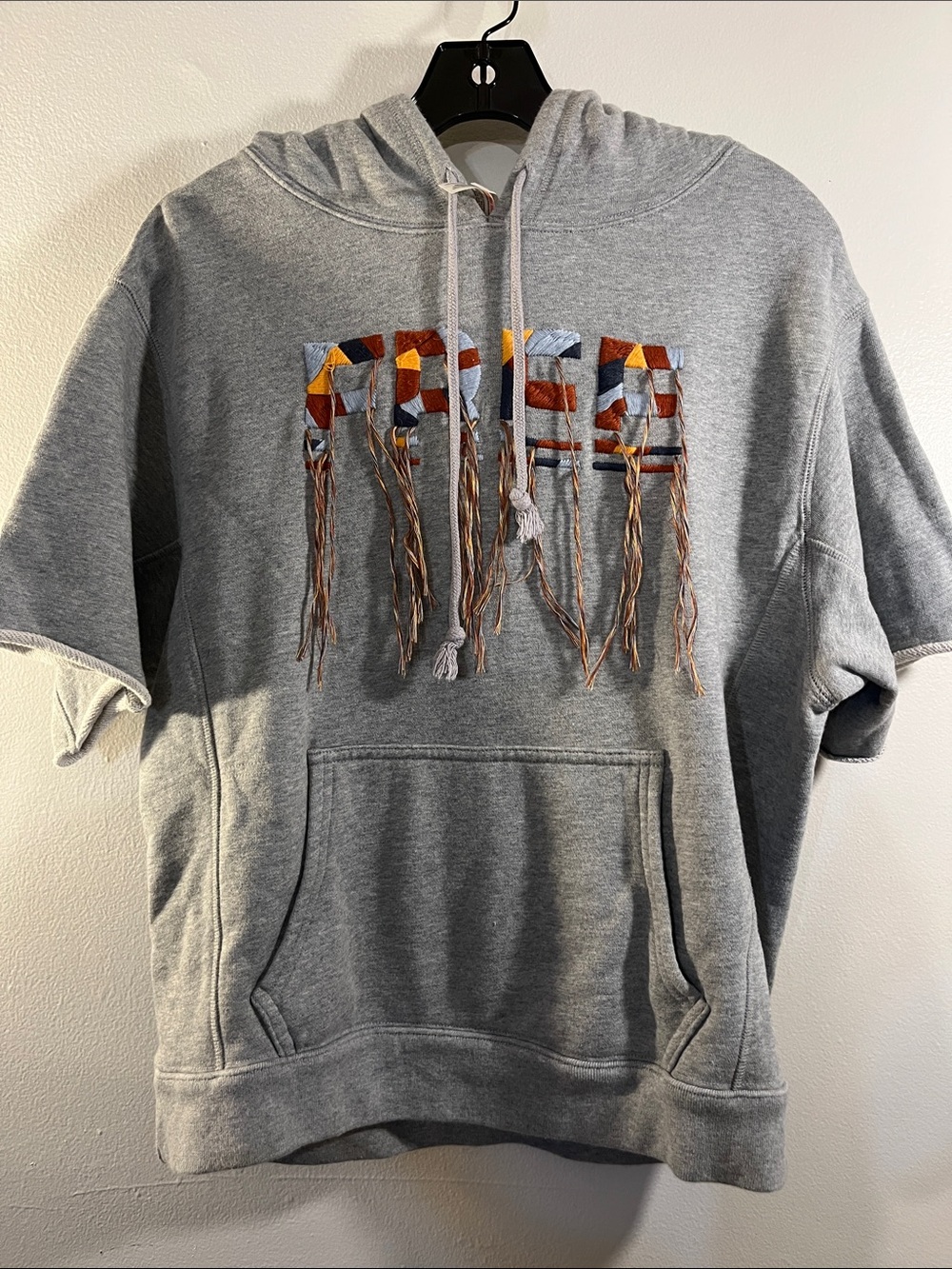 FP Movement by Free People Gray Short-Sleeve Hoodie with Multicolor Fringe Patch